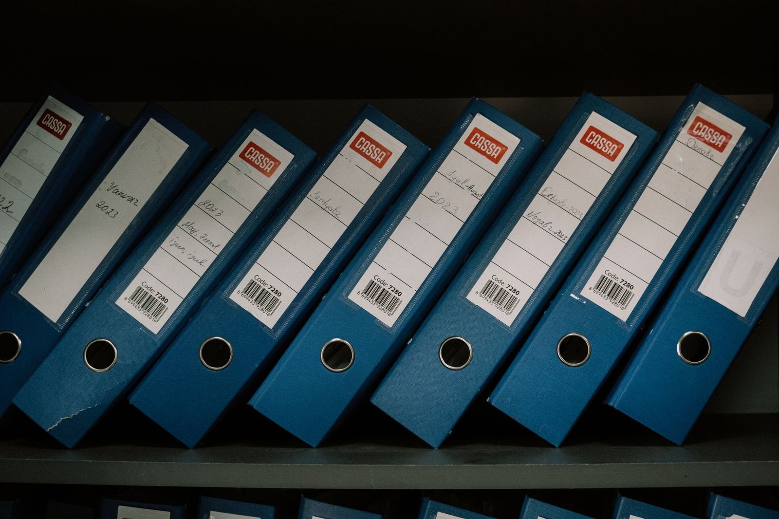 organized blue office binders on shelf